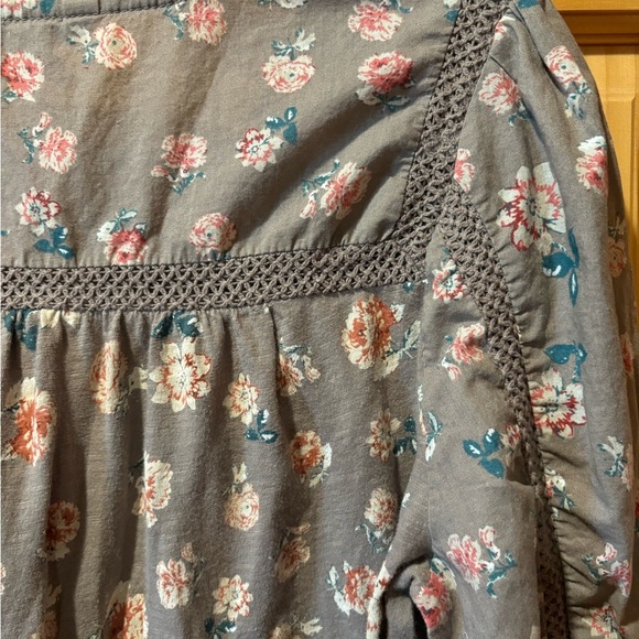Lucky Brand Printed Peasant Brown Pink Floral Top Blouse with Lace Trim SP - Picture 4 of 8